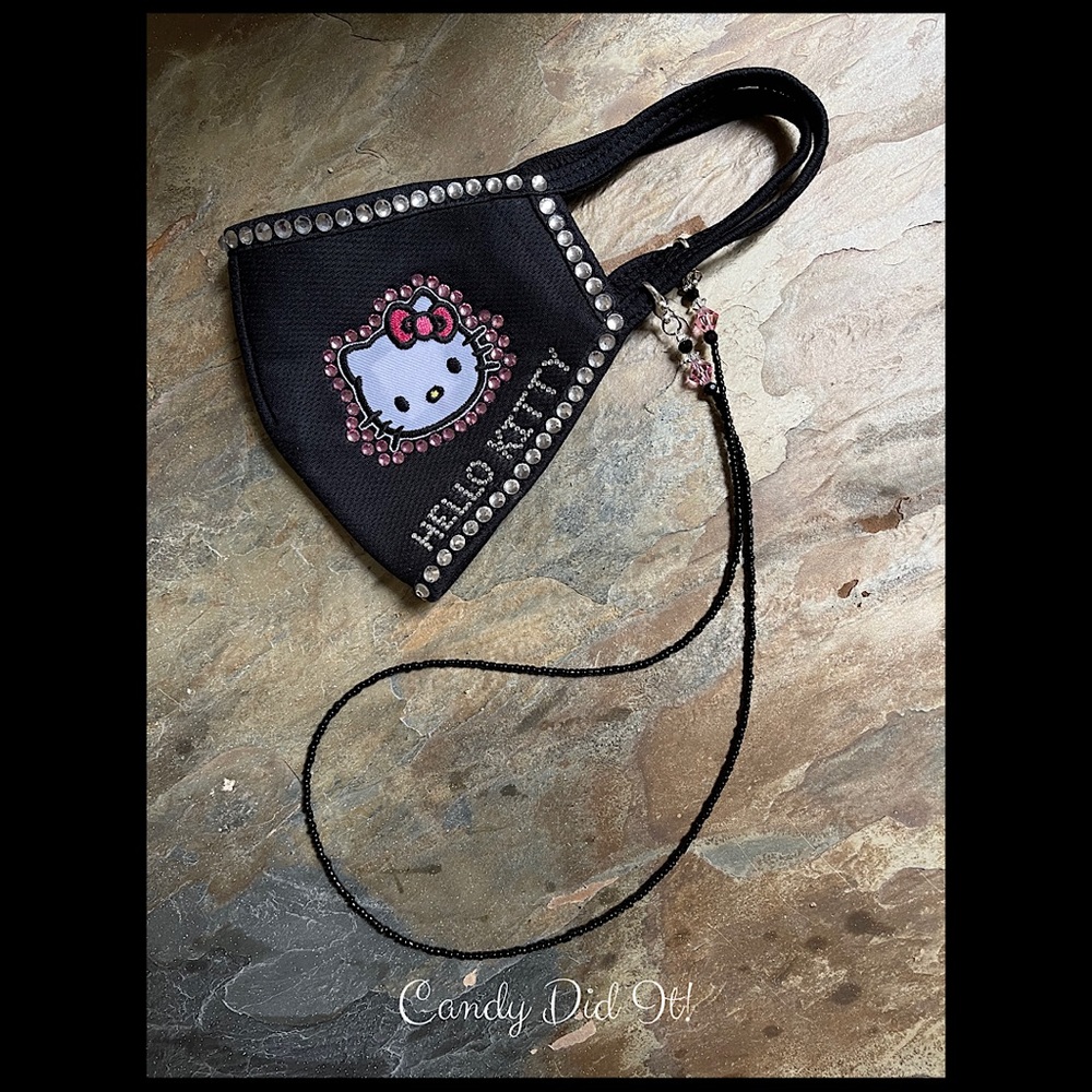 NWT Handmade Candy Did It Black Double Layer Hello Kitty Face Mask & Chain